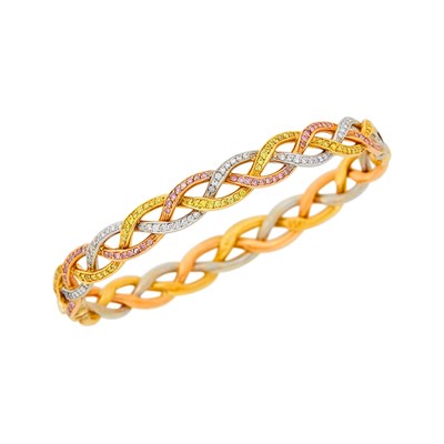 Lot 92 - Tricolor Gold, Colored Diamond and Diamond Bangle Bracelet