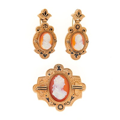 Lot 1171 - Pair of Low Karat Gold and Cameo Pendant-Earrings and Brooch