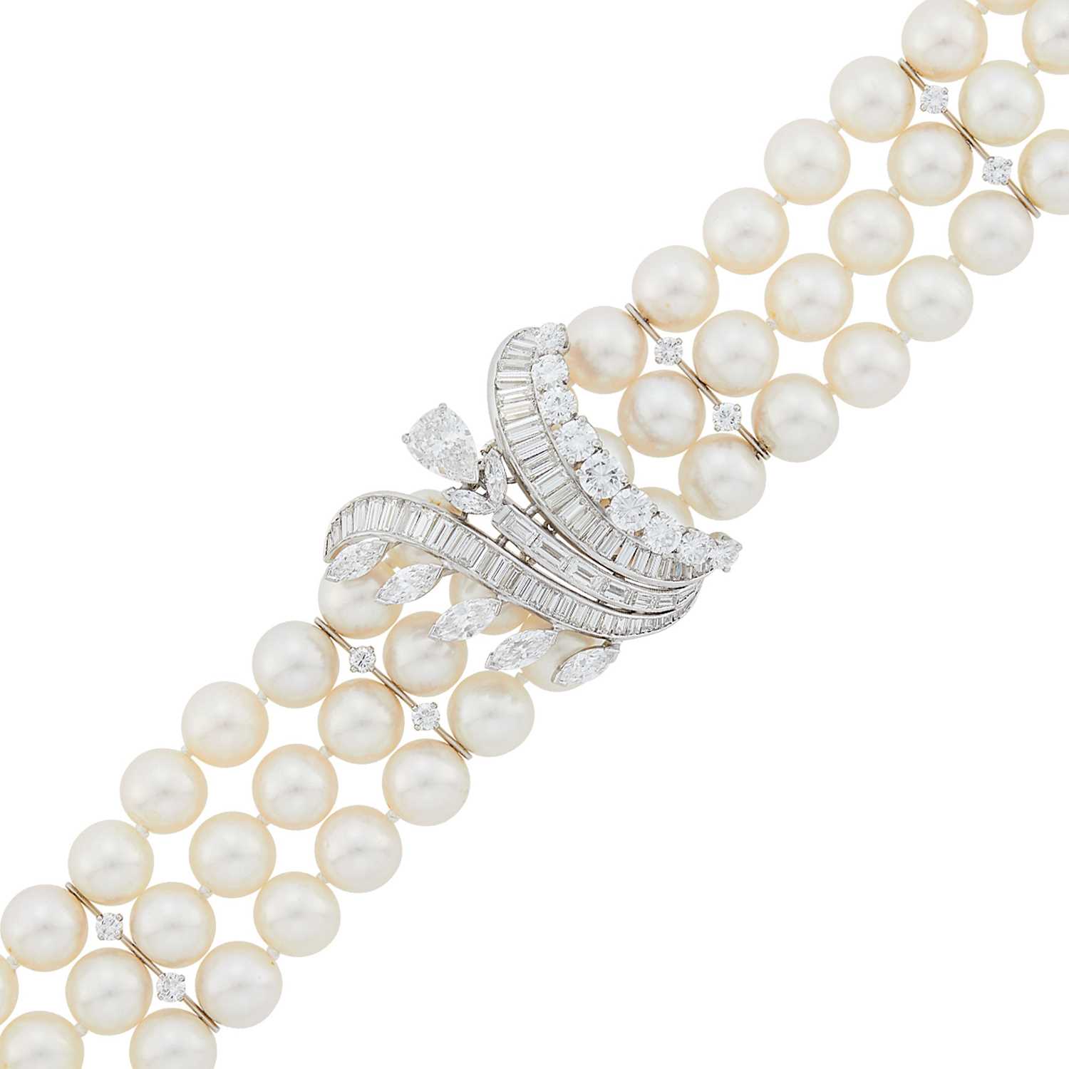 Lot 151 - Triple Strand Cultured Pearl, Platinum and Diamond Bracelet