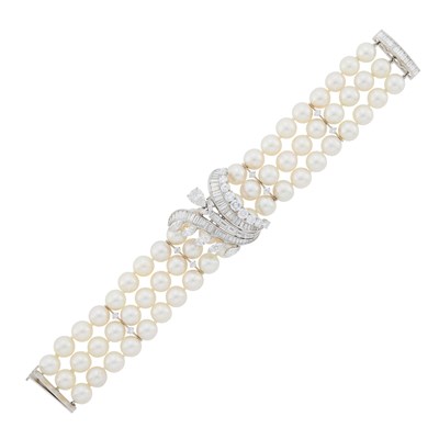 Lot 151 - Triple Strand Cultured Pearl, Platinum and Diamond Bracelet