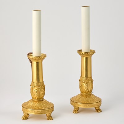 Lot 73 - Pair of French Empire Ormolu Candlestick Lamps