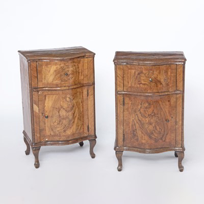 Lot 87 - Pair of Italian Rococo Walnut and Olive Burl Veneer Side Cabinets