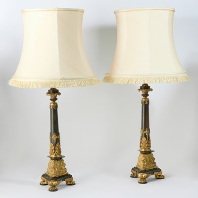 Lot 168 - Pair of Regency Style Gilt and Patinated Metal Table Lamps