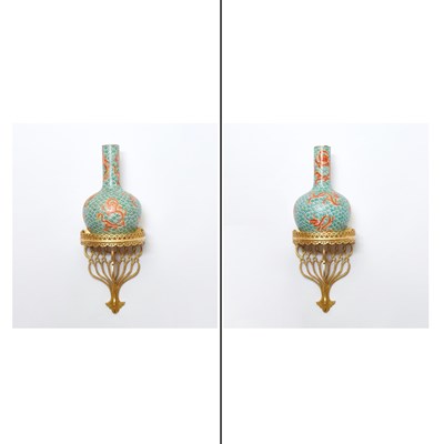 Lot 18 - Pair of Chinese Dragon Vases with Gilt-Wood Brackets