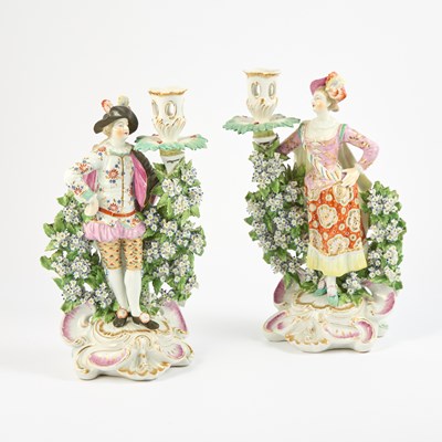 Lot 206 - Pair of Chelsea Porcelain Bocage Figural Candlesticks