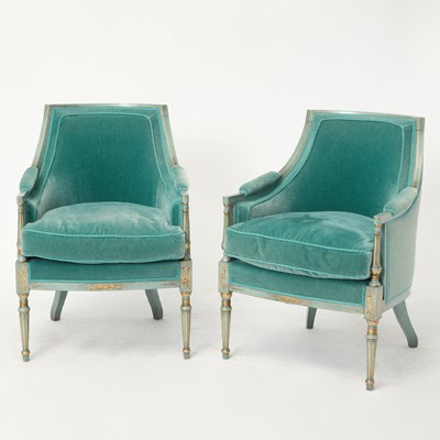 Lot Pair of Louis XVI Style Blue Painted and Gilt Bergeres