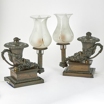 Lot 140 - Pair of Regency Patinated Bronze Rhyton-Form Argand Lamps