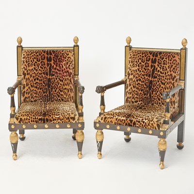 Lot Pair of Regency Style Faux Rosewood Painted and Parcel Gilt Armchairs