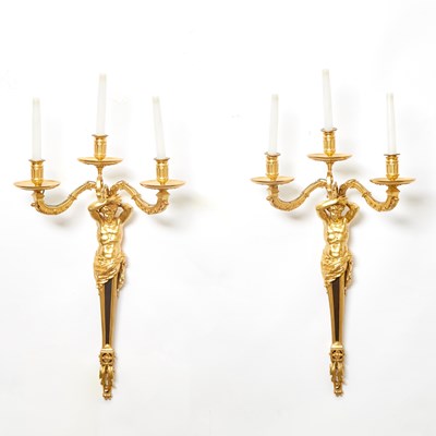 Lot 214 - Pair of Empire Style Ormolu and Patinated Bronze Figural Three-Light Wall Sconces