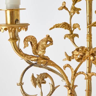 Lot 371 - Pair of Empire Ormolu and Patinated Bronze Red Marble Three-Light Candelabra