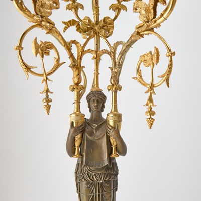 Lot 371 - Pair of Empire Ormolu and Patinated Bronze Red Marble Three-Light Candelabra