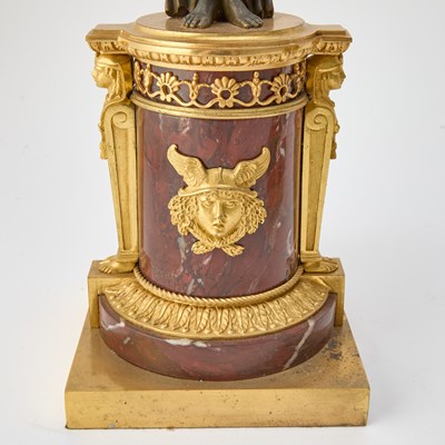 Lot 371 - Pair of Empire Ormolu and Patinated Bronze Red Marble Three-Light Candelabra