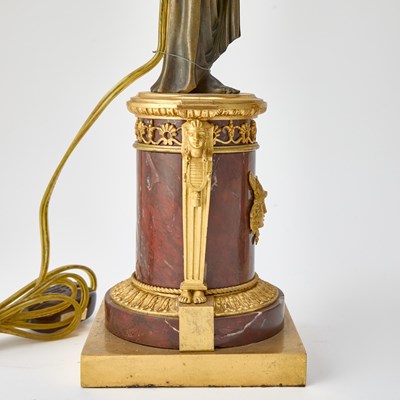 Lot 371 - Pair of Empire Ormolu and Patinated Bronze Red Marble Three-Light Candelabra