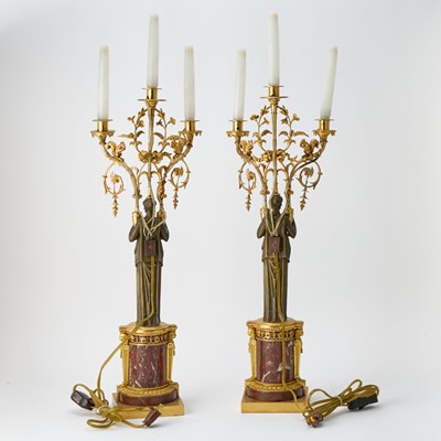 Lot 371 - Pair of Empire Ormolu and Patinated Bronze Red Marble Three-Light Candelabra