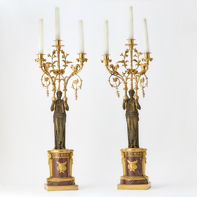 Lot 371 - Pair of Empire Ormolu and Patinated Bronze Red Marble Three-Light Candelabra