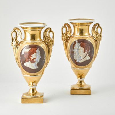 Lot 208 - Pair of Paris Porcelain Faux Cameo Double Portrait Vases