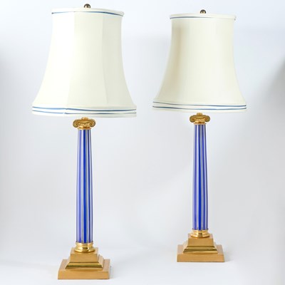 Lot 157 - Pair of Blue Cut-to-Clear Glass Columnar Form Table Lamps