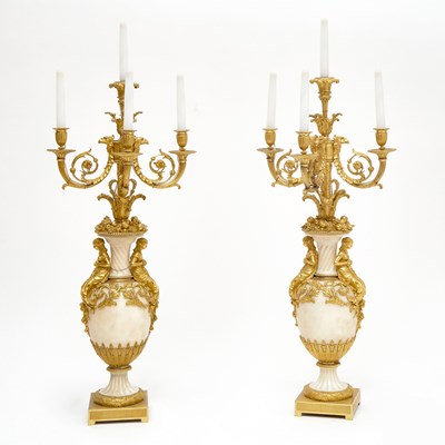 Lot 123 - Pair of Louis XVI Style Gilt-Bronze Mounted White Marble Candelabra