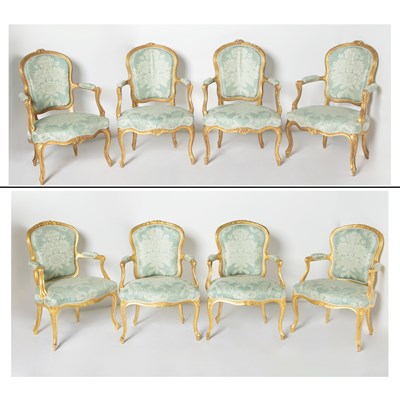 Lot 107 - Set of Eight Louis XV Style Giltwood Fauteuils