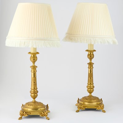 Lot 58 - Pair of Empire Style Ormolu Candlestick Lamps