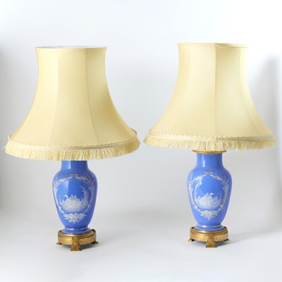 Lot 54 - Pair of French Molded Blue Glass Vases Mounted as Table Lamps