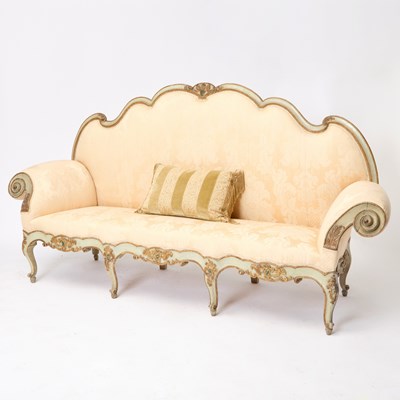 Lot 551 - Large Italian Rococo Parcel-Gilt and Green Painted Upholstered Sofa