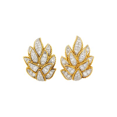 Lot 109 - Pair of Two-Color Gold and Diamond Leaf Earrings