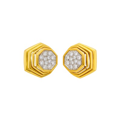 Lot 4 - Pair of Two-Color Gold and Diamond Earrings