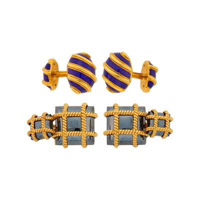 Lot 33 - Pair of Gold and Blue Enamel Cufflinks and Pair of Hematite Cufflinks