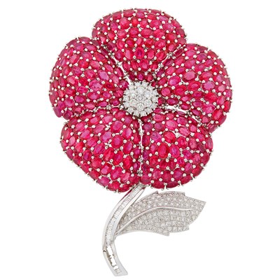 Lot 134 - Oversized White Gold, Ruby and Diamond Flower Clip-Brooch