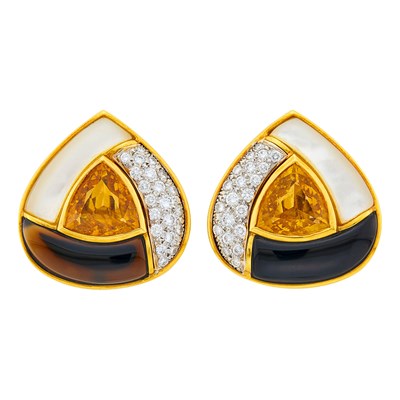 Lot 13 - Pair of Two-Color Gold, Citrine, Mother-of-Pearl, Black Onyx and Diamond Earclips