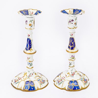 Lot 232 - Pair of Staffordshire Enamel Candlesticks