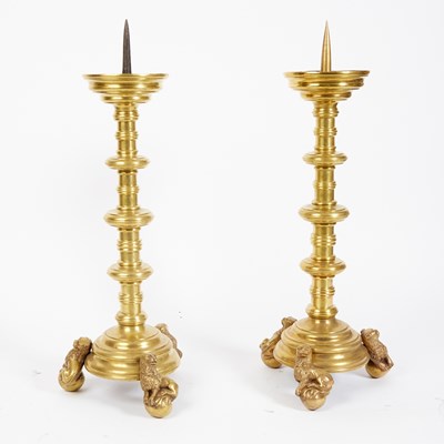 Lot 543 - Pair of South German Brass Pricket Candlesticks