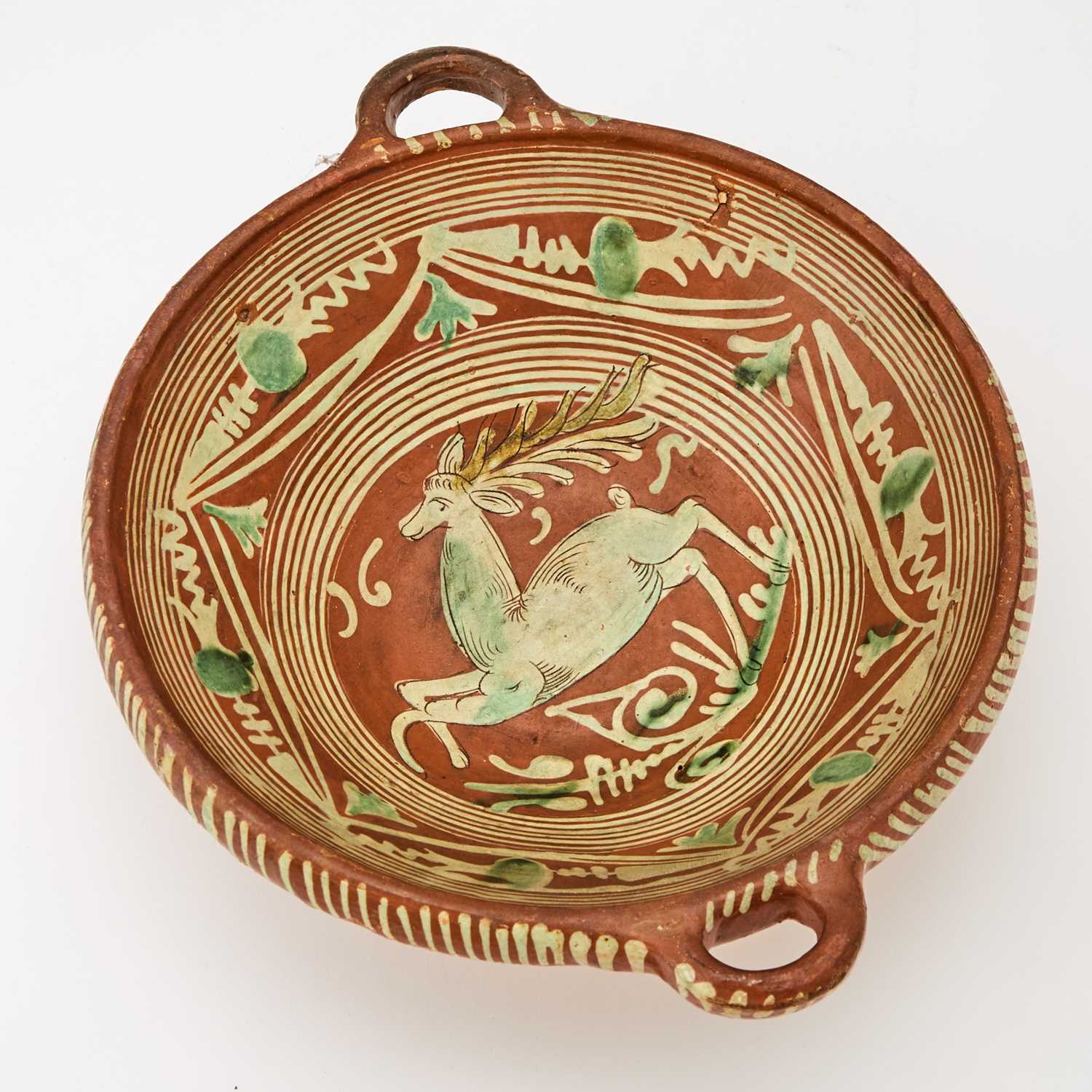 Lot 537 - Werra Polychrome Decorated Two-Handled Slipware Porringer