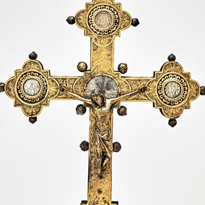 Lot 531 - Northern Italian Niello-Mounted, Engraved Gilt-Copper Processional Cross