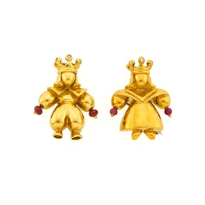 Lot 3236 - Gold, Ruby Bead and Diamond King and Queen Pendant-Brooches