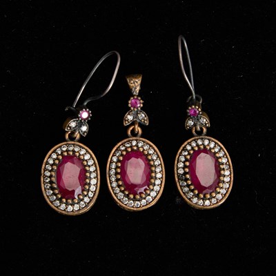 Lot 214 - Silver, Diamond and Red-Stone Earrings and Pendant