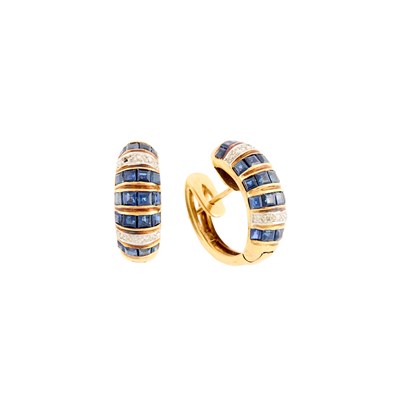 Lot 2238 - Pair of Two-Color Gold, Sapphire and Diamond Hoop Earrings