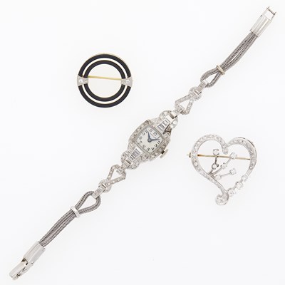 Lot 1297 - White Gold, Platinum and Diamond Wristwatch, Heart Pin and Black Onyx Circle Pin