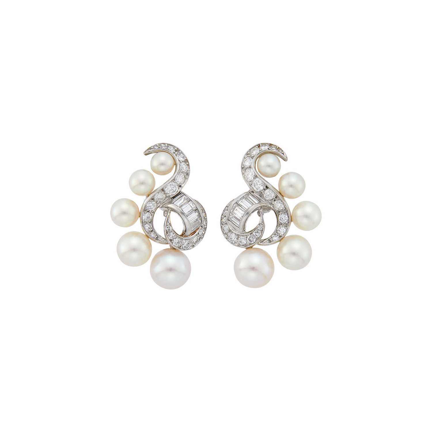 Lot 51 - Marianne Ostier Pair of Platinum, Cultured Pearl and Diamond Earclips