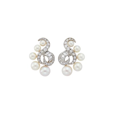 Lot 51 - Marianne Ostier Pair of Platinum, Cultured Pearl and Diamond Earclips