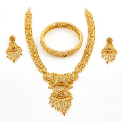 Lot 113 - Gold and Enamel Necklace, Rigid Bracelet and Two Earrings, 21K 45 dwt. all