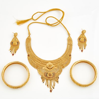 Lot 118 - Gold, Enamel and Cord Necklace, Two Rigid Bracelets and Two Earrings, 22K and 21K 63 dwt. all