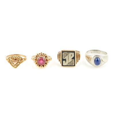 Lot 318 - Four Gold and Stone Rings, 10K 10 dwt. all, damaged