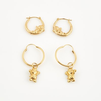 Lot 328 - Four Gold Earrings and Two Charms, 14K 2 dwt.