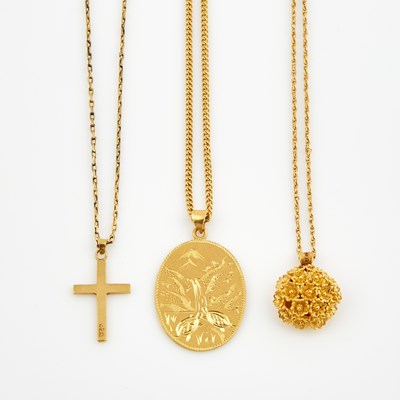 Lot 372 - Three Gold Pendants and Three Neck Chains, 22K 24 dwt.