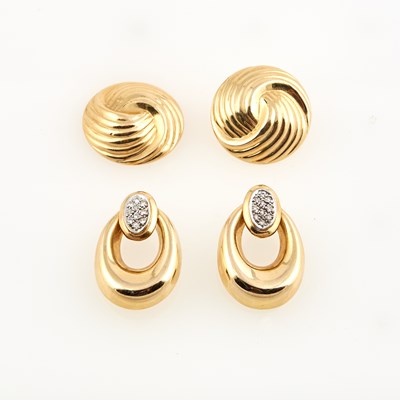 Lot 416 - Two Diamond Earrings and Two Gold Earrings, 14K 5 dwt., damaged