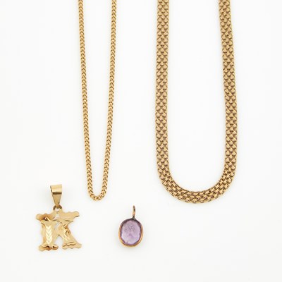 Lot 435 - Two Gold and Stone Pendants and Two Neck Chains, 14K 10 dwt. all