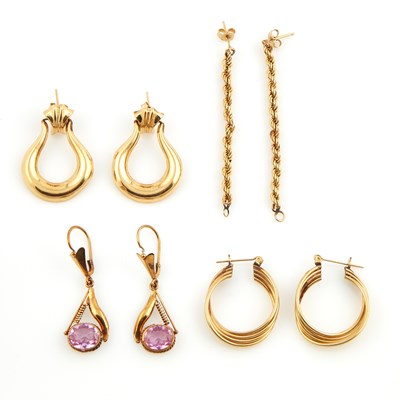 Lot 436 - Eight Gold and Stone Earrings, 14K 7 dwt. all