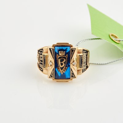 Lot 457 - Diamond, Stone and Enamel School Ring, 14K 9 dwt. all